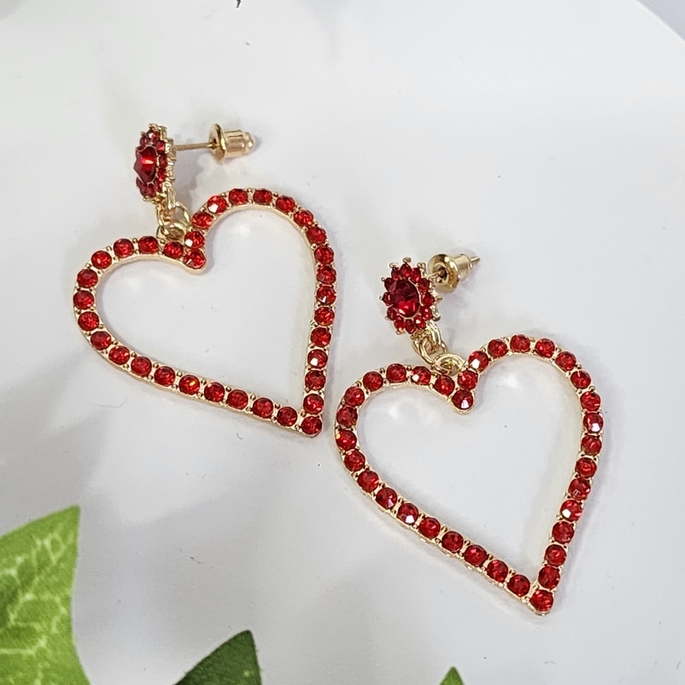 Gold with Red Crystal Stones Heart Post Earrings New